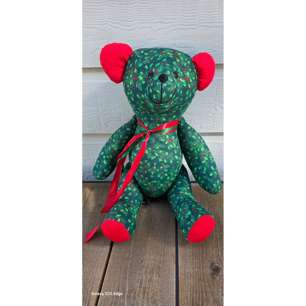 Handmade Christmas Holly Berry Jointed Teddy Bear Green Red Holiday Decor 18"